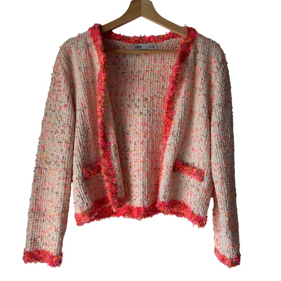 Zara neon coral frayed edge boucle blazer S - Picture 3 of 9